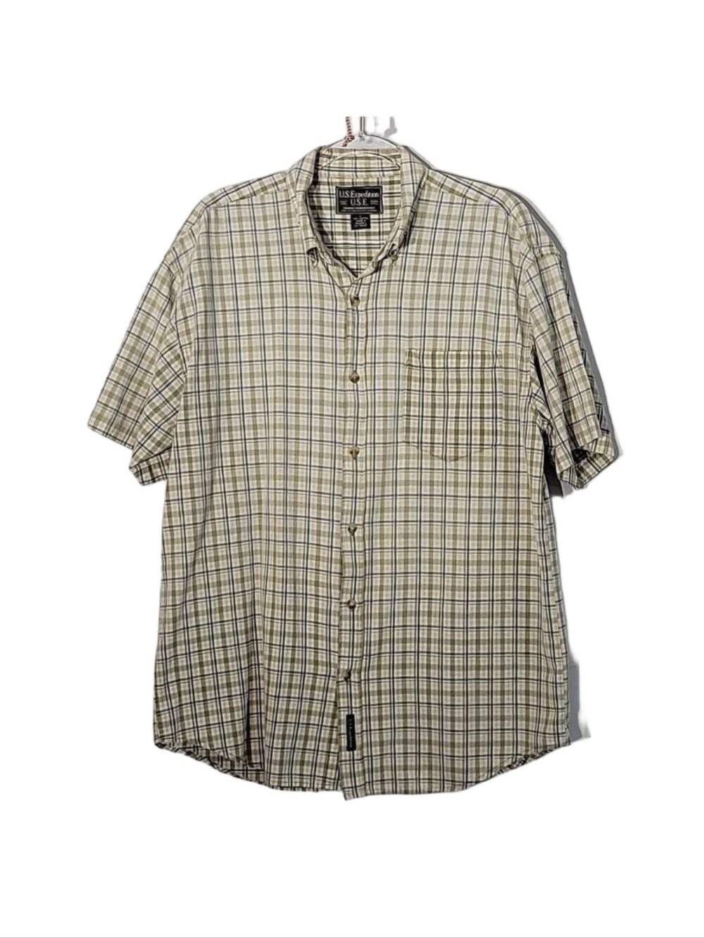 Men's U.S. Expedition Tan/Blue Plaid Button-Down, Short-Sleeved Shirt, Size Lg